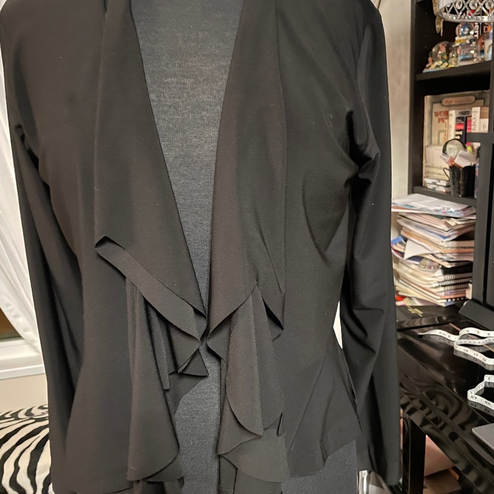 Sympli Women's Size 14 Black Open Waterfall Cardigan Sweater Nylon Short Jacket